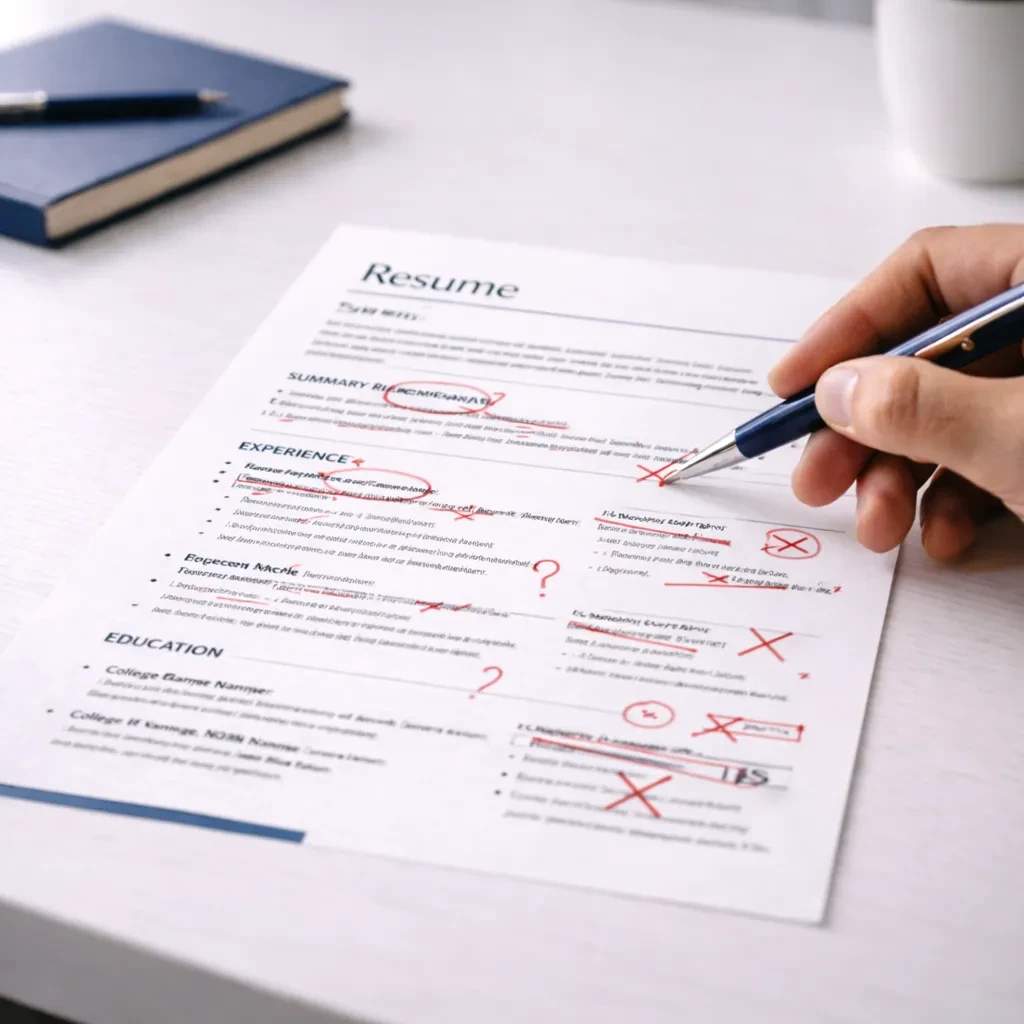 Resume being reviewed and marked up by an expert