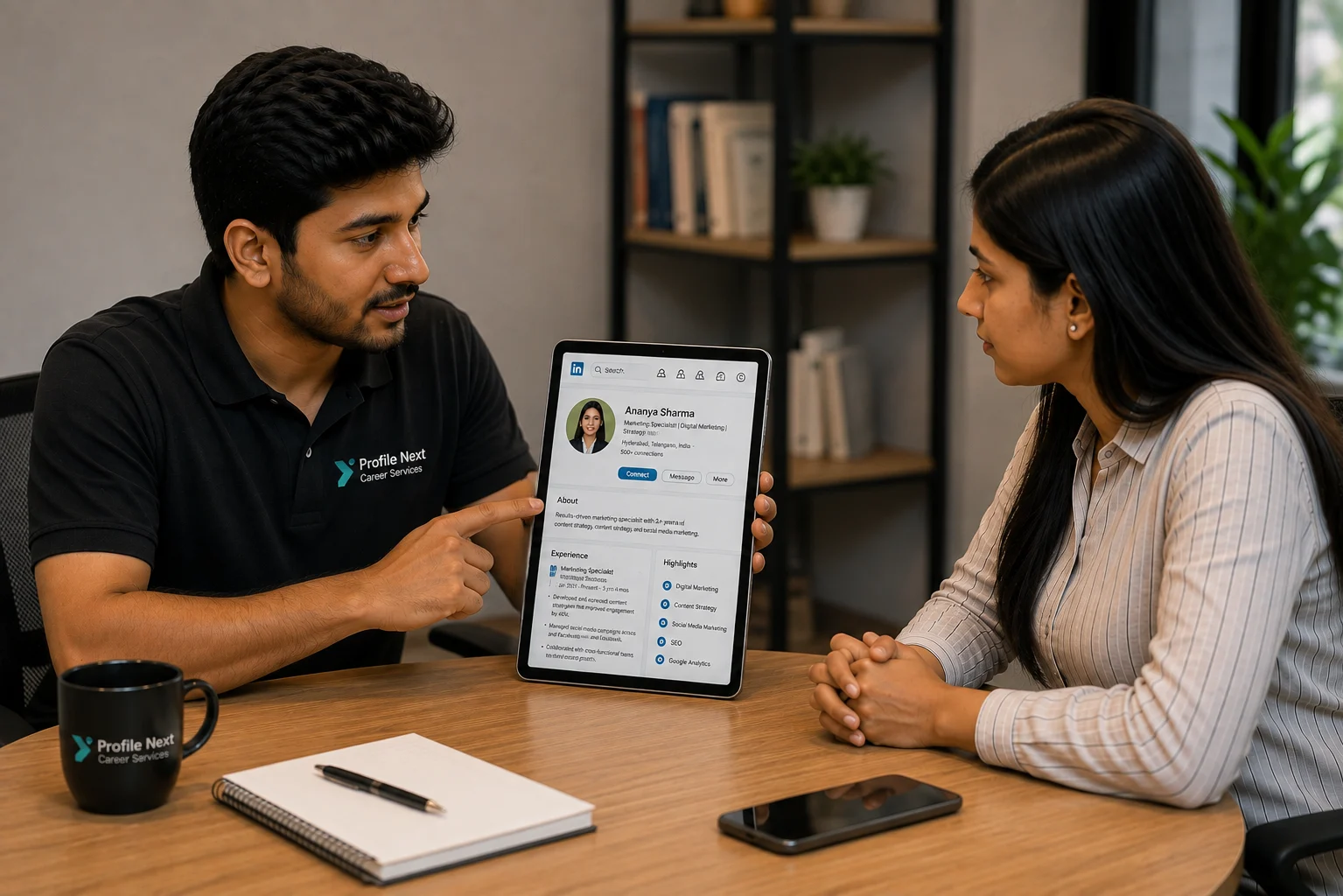 ProfileNext specialist reviewing a professional's LinkedIn profile