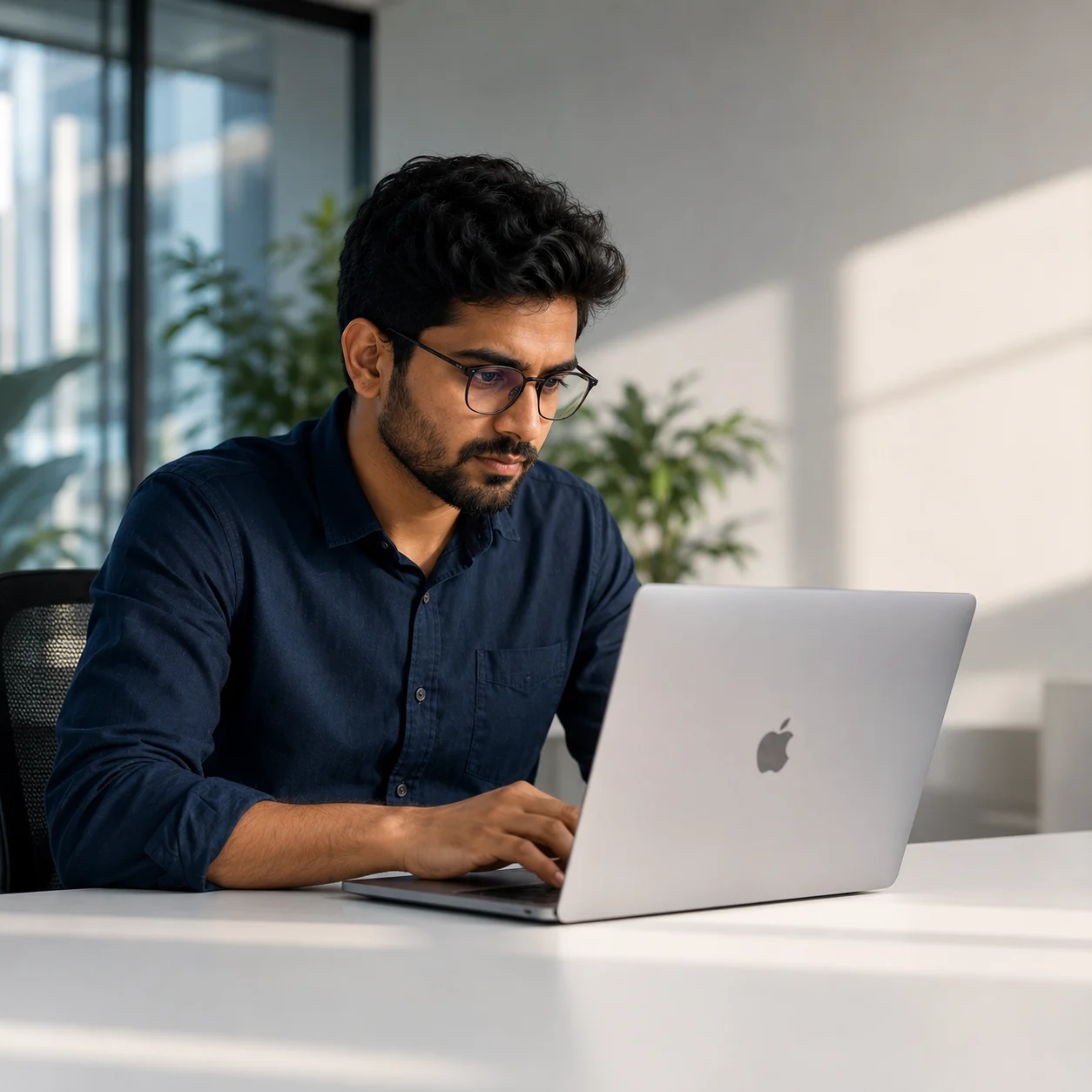 Professional working on a laptop in a bright office